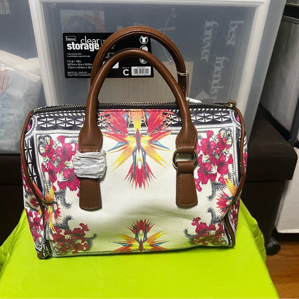 Floral Patterned Women's Bag with Brown Accents